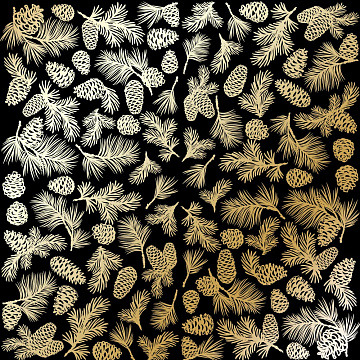 Sheet of single-sided paper with gold foil embossing, pattern "Golden Pine cones Black"