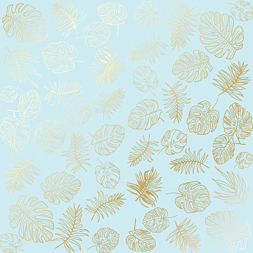 Sheet of single-sided paper with gold foil embossing, pattern Golden Tropical Leaves Blue, 12"x12"