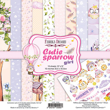 Double-sided scrapbooking paper set Cutie sparrow girl 12"x12", 10 sheets