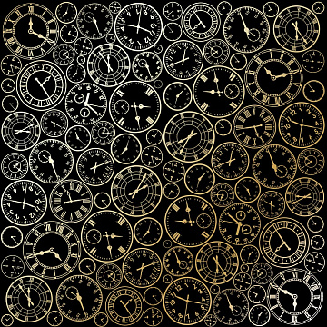 Sheet of single-sided paper with gold foil embossing, pattern Golden Clocks Black 12"x12" 