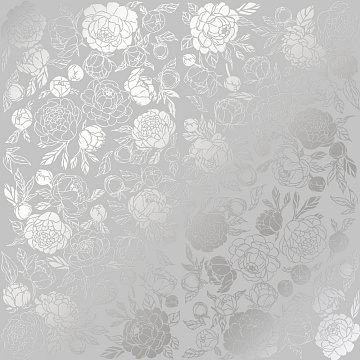 Sheet of single-sided paper embossed with silver foil, pattern Silver Peony Passion Gray 12"x12" 