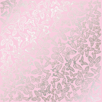 Sheet of single-sided paper embossed with silver foil, pattern Silver Butterflies Pink 12"x12" 