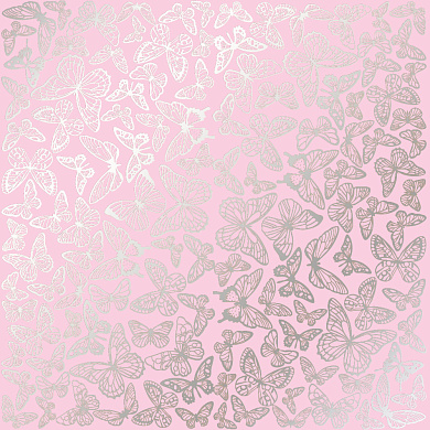 лист односторонней бумаги с серебряным тиснением, дизайн silver butterflies pink, 30,5см х 30,5см