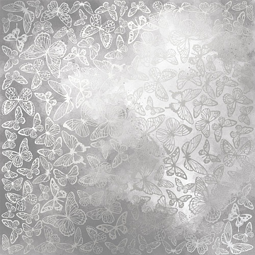Sheet of single-sided paper embossed with silver foil, pattern Silver Butterflies, color Grey watercolor 12"x12" 