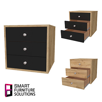 Cabinet with three drawers, Body Oak Kraft, Fronts Black, 400mm x 400mm x 400mm
