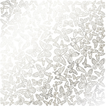 Sheet of single-sided paper embossed with silver foil, pattern Silver Butterflies White 12"x12" 