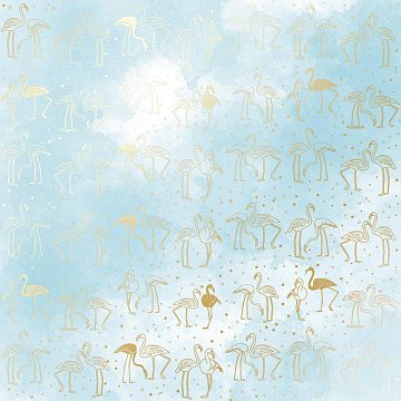 Sheet of single-sided paper with gold foil embossing, pattern Golden Flamingo, color Azure watercolor, 12"x12"