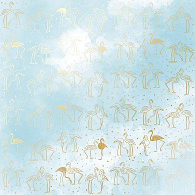 лист односторонней бумаги с фольгированием, дизайн golden flamingo, color azure watercolor, 30,5см х 30,5 см