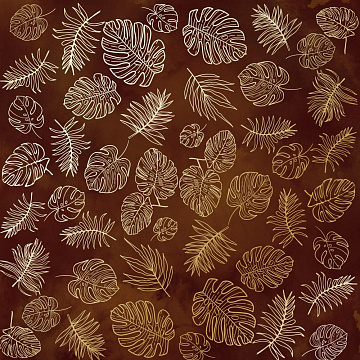 Sheet of single-sided paper with gold foil embossing, pattern Golden Tropical Leaves, color Brown aquarelle, 12"x12"