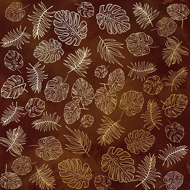 лист односторонней бумаги с фольгированием, дизайн golden tropical leaves, color brown aquarelle, 30,5см х 30,5 см