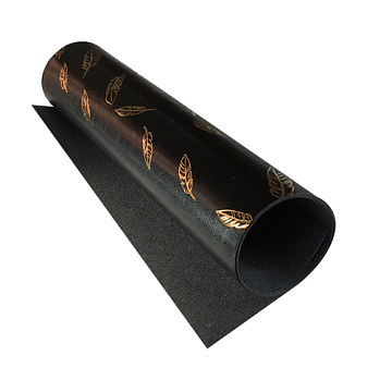 Piece of PU leather for bookbinding with gold pattern Golden Feather Glossy black, 50cm x 25cm