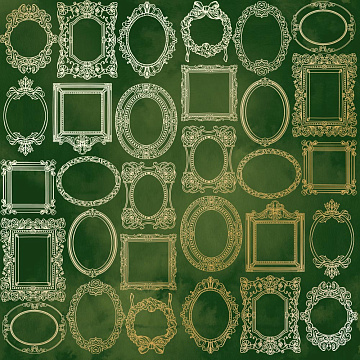 Sheet of single-sided paper with gold foil embossing, pattern "Golden Frames, color Green aquarelle"