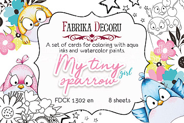 Zestaw pocztówek "My tiny sparrow girl" do kolorowania atramentem akwarelowym EN