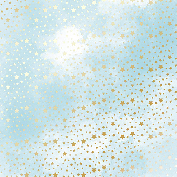 Sheet of single-sided paper with gold foil embossing, pattern Golden stars, color Azure watercolor, 12"x12"