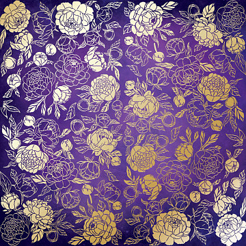 Sheet of single-sided paper with gold foil embossing, pattern "Golden Peony Passion Violet aquarelle"