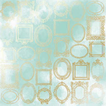 Sheet of single-sided paper with gold foil embossing, pattern "Golden Frames, color Mint watercolor"