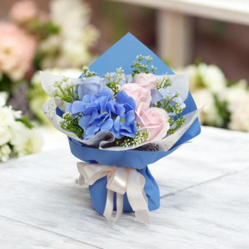 Bouquet of pink and blue roses with hydrangea “Summer Breeze” - 2 Bouquet of pink and blue roses with hydrangea “Summer Breeze” - 2