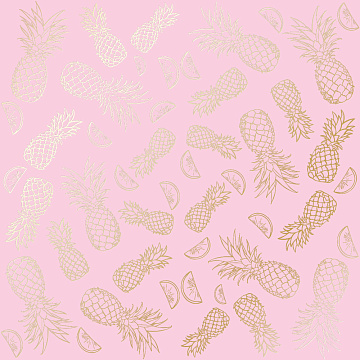 Sheet of single-sided paper with gold foil embossing, pattern Golden Pineapple Pink, 12"x12"
