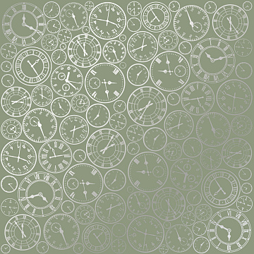 Sheet of single-sided paper embossed with silver foil, pattern Silver Clocks Olive 12"x12" 
