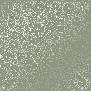 Sheet of single-sided paper embossed with silver foil, pattern Silver Clocks Olive 12"x12" 