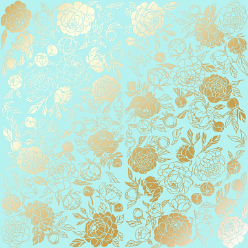 Sheet of single-sided paper with gold foil embossing, pattern "Golden Peony Passion Turquoise"