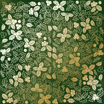 Arkusz papieru jednostronnego wytłaczanego złotą folią, wzór Złote Zimowe Jagody Zielony akwarel 30,5x30,5cm 
