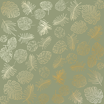 Blatt aus einseitigem Papier mit Goldfolienprägung, Muster Golden Tropical Leaves Olive, 12"x12"