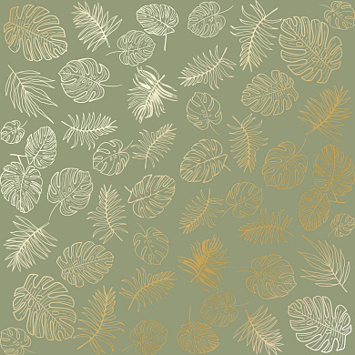 лист односторонней бумаги с фольгированием, дизайн "golden tropical leaves olive, 30,5см х 30,5 см