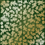 Sheet of single-sided paper with gold foil embossing, pattern "Golden Pine cones Green aquarelle"
