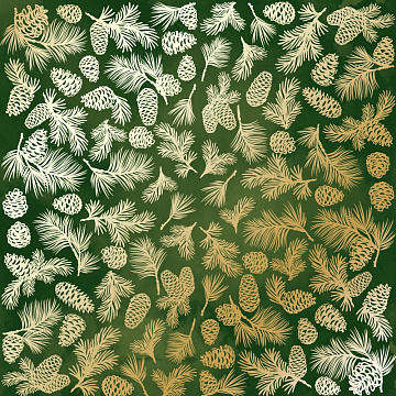 Sheet of single-sided paper with gold foil embossing, pattern "Golden Pine cones Green aquarelle"