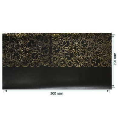 отрез кожзама с тиснением золотой фольгой, дизайн golden clocks, color glossy black, 50см х 25см - 2