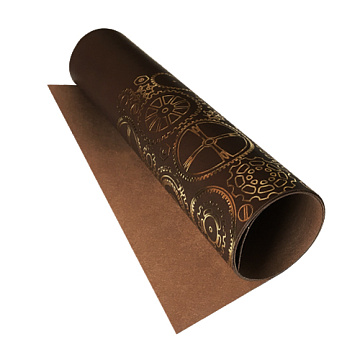 Piece of PU leather for bookbinding with gold pattern Golden Gears Chocolate, 50cm x 25cm