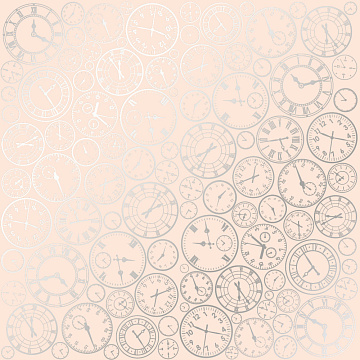 Sheet of single-sided paper embossed with silver foil, pattern Silver Clocks Beige 12"x12" 