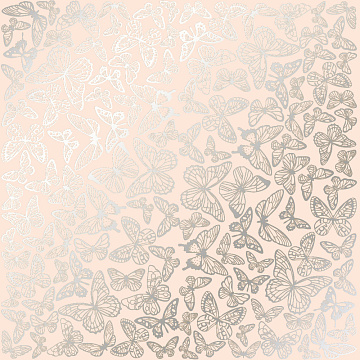 Einseitig bedrucktes Blatt Papier mit Silberfolie, Muster Silberschmetterlinge Beige 12"x12"