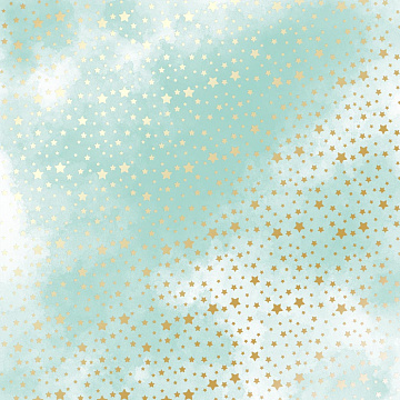 Sheet of single-sided paper with gold foil embossing, pattern Golden stars, color Mint watercolor, 12"x12"
