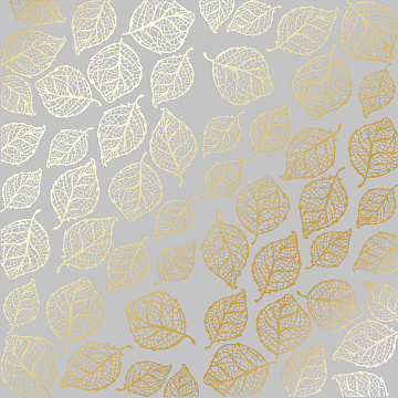 Sheet of single-sided paper with gold foil embossing, pattern Golden Delicate Leaves Gray, 12"x12"