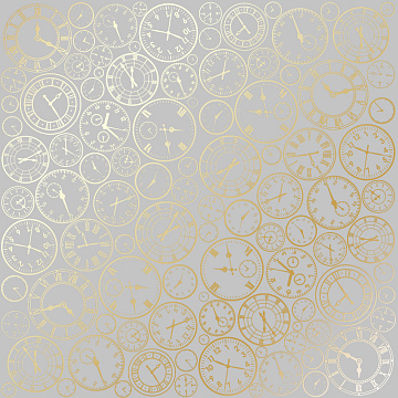 Sheet of single-sided paper with gold foil embossing, pattern Golden Clocks Gray 12"x12" 