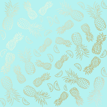 Sheet of single-sided paper with gold foil embossing, pattern Golden Pineapple Turquoise, 12"x12"