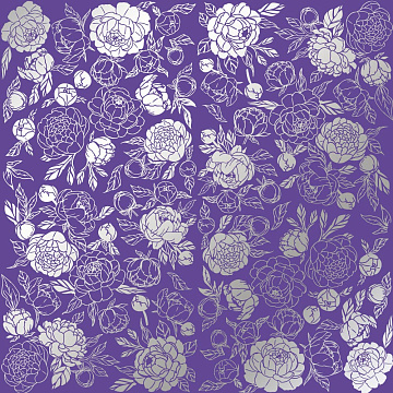 Sheet of single-sided paper embossed with silver foil, pattern Silver Peony Passion Lavender 12"x12" 