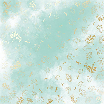 Sheet of single-sided paper with gold foil embossing, pattern Golden Dill, color Mint watercolor, 12"x12"