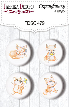 Set mit 4 Flair-Buttons zum Scrapbooking. Lustiger Fuchsjunge #479