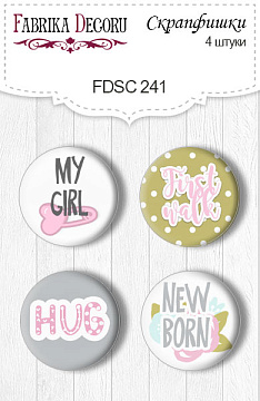Set of 4pcs flair buttons for scrabooking "Scandi Baby Girl 2" EN #241