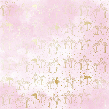 Sheet of single-sided paper with gold foil embossing, pattern Golden Flamingo, color Pink shabby watercolor, 12"x12"