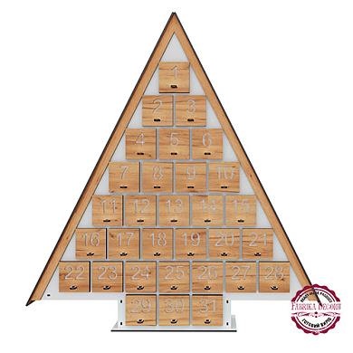 Advent calendar for 31 days in Nordic style, White - Kraft Oak, assembled