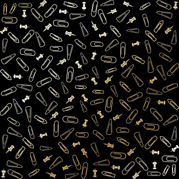 Sheet of single-sided paper with gold foil embossing, pattern Golden Drawing pins and paperclips, color Black