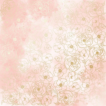 Sheet of single-sided paper with gold foil embossing, pattern Golden Pion, color Vintage pink watercolor, 12"x12"
