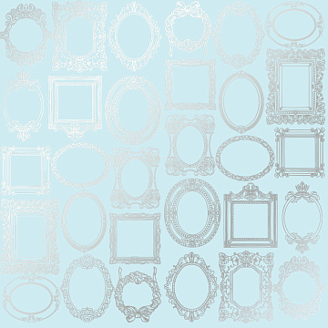 Sheet of single-sided paper embossed with silver foil, pattern Silver Frames Blue 12"x12" 