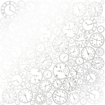Sheet of single-sided paper embossed with silver foil, pattern Silver Clocks White 12"x12" 