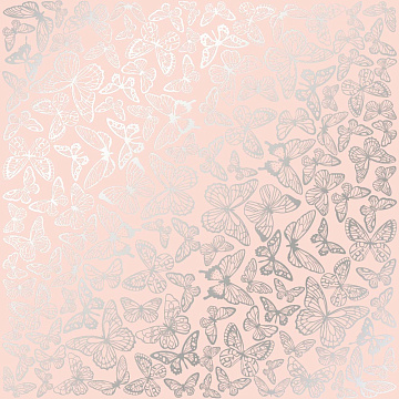Sheet of single-sided paper embossed with silver foil, pattern Silver Butterflies Peach 12"x12" 