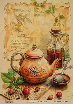 Kraft Decoupage Papier 21x29,7cm, “Teekanne und Honig”, #0021